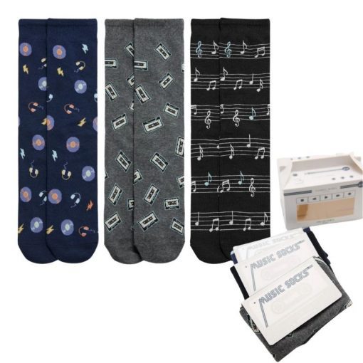Pack regalo de 3 calcetines para hombre Ysabel Mora con estampados musicales y caja en forma de cassette