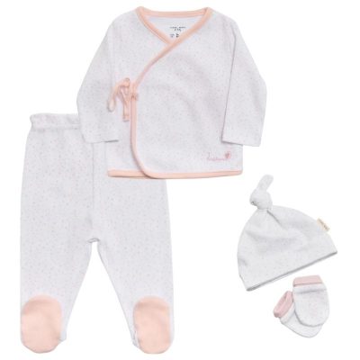 Set primera puesta rosa de bebé niña con camiseta cruzada, polaina, gorro con nudo y manoplas