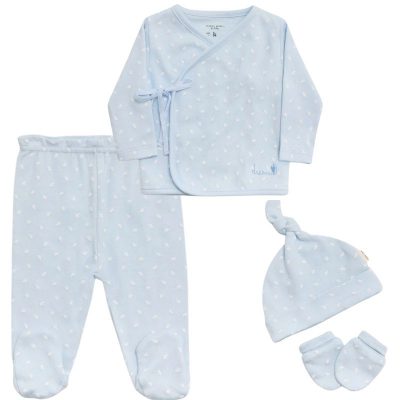 Set primera puesta azul de bebé niño con camiseta cruzada, polaina, gorro con nudo y manoplas