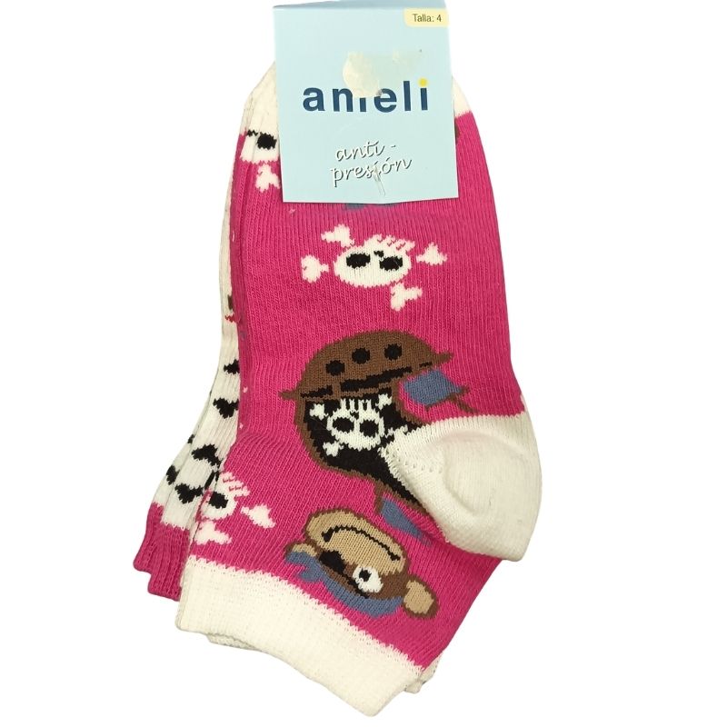 Pack de 3 calcetines infantiles rosa con diseño de pirata para niña