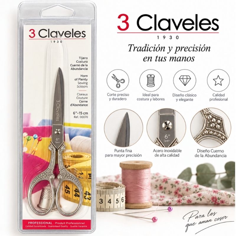 Tijera de costura cuerno de la abundancia de 3 claveles